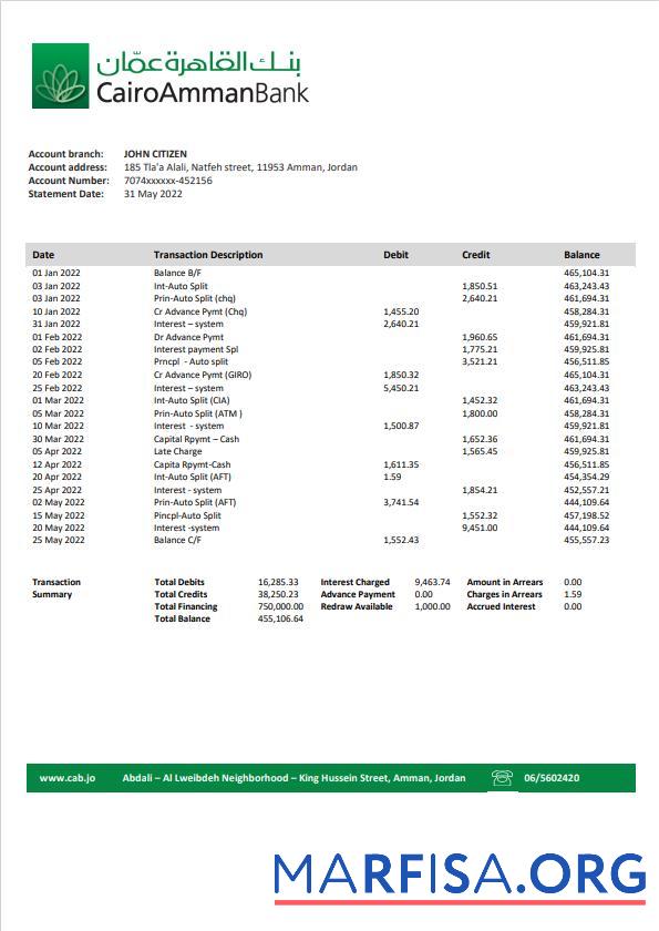 Downloadable Jordan Cairo Amman bank statement word.1 template